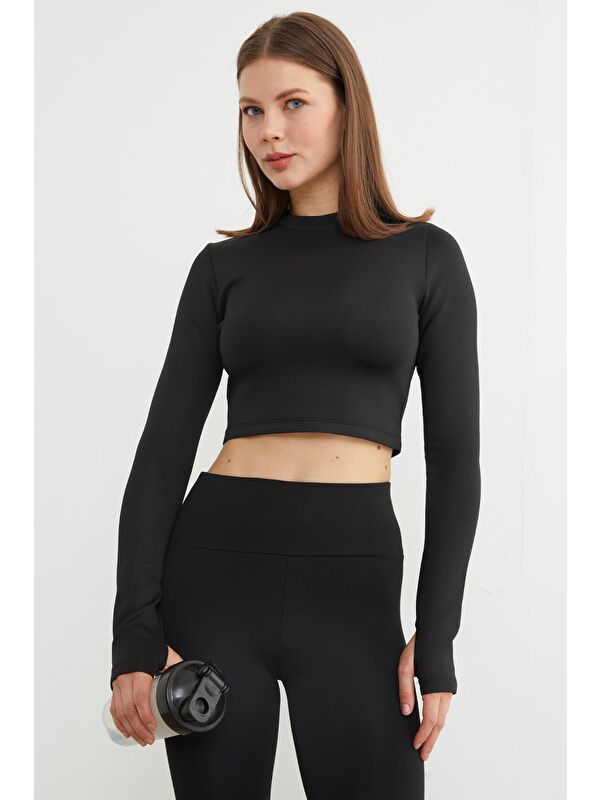 Fullamoda Basic Bisiklet Yaka Parmak Geçmeli Crop Bluz