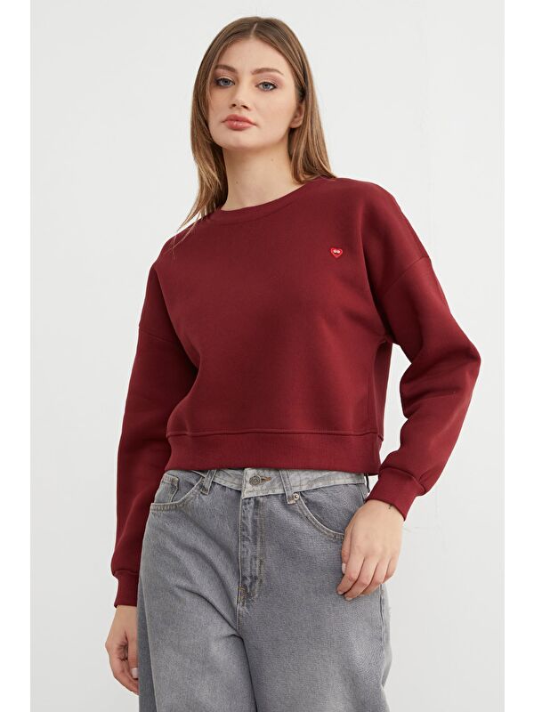 Fullamoda 3 İplik Kalp Nakışlı Bisiklet Yaka Sweatshirt