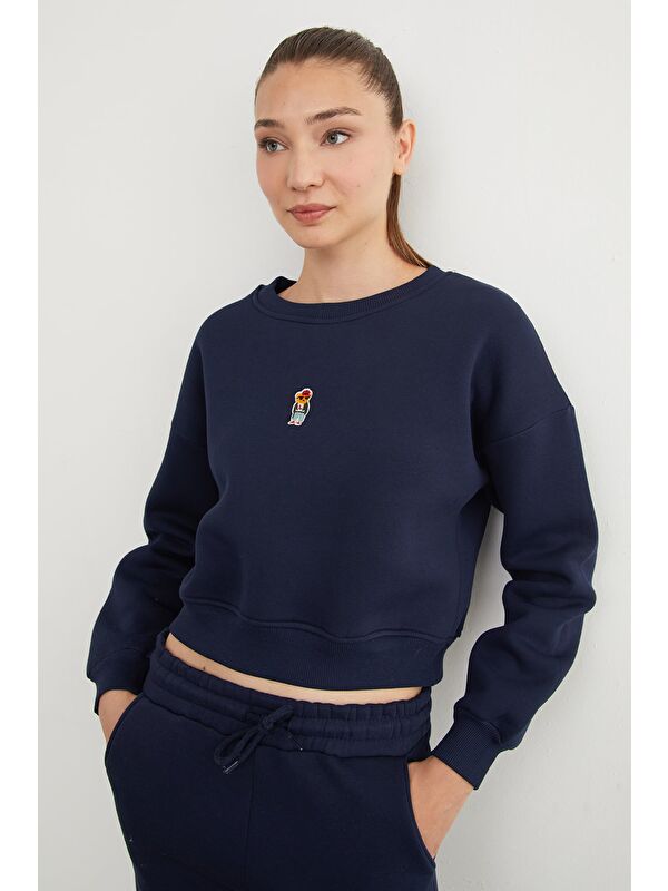Fullamoda 3 İplik Ayıcık Nakışlı Bisiklet Yaka Sweatshirt