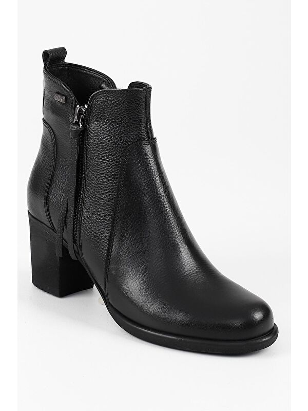 SİYAH Hakiki Deri Yuvarlak Burun Topuklu Kauçuk Taban Fermuarlı Püsküllü Kadın Günlük Bot 10406 - Görsel 6