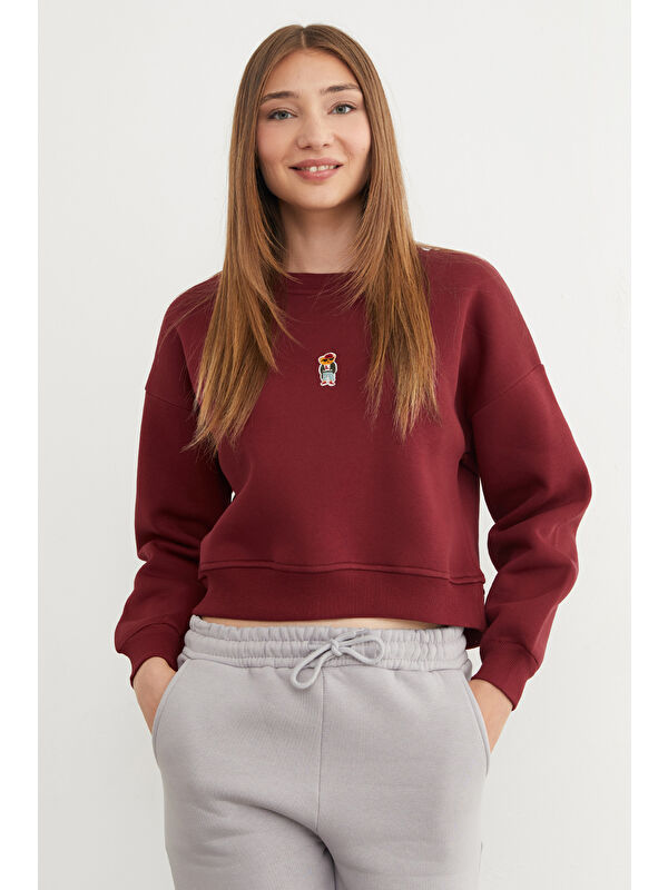Fullamoda 3 İplik Ayıcık Nakışlı Bisiklet Yaka Sweatshirt
