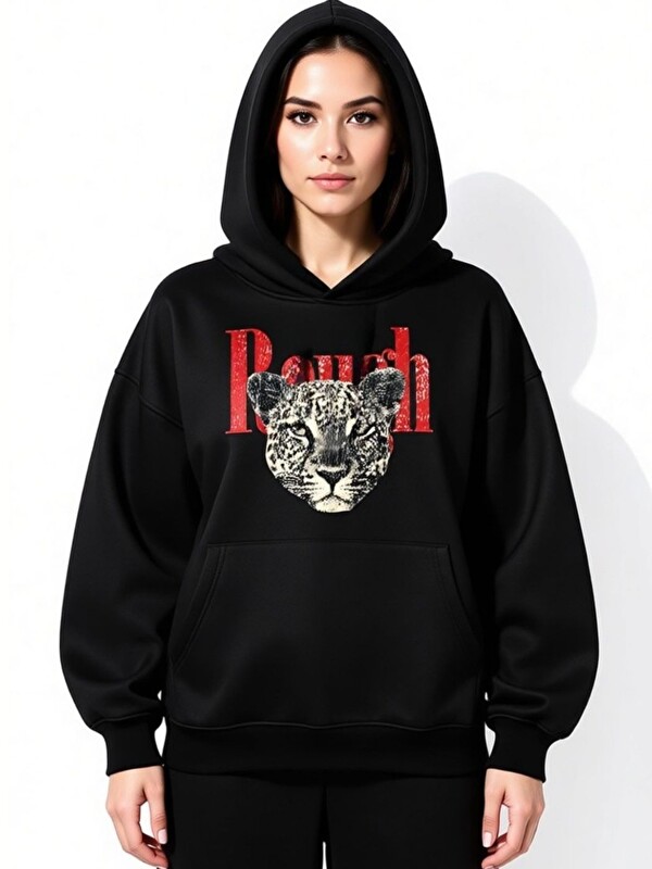 Trendseninle Kadın Siyah Ranch Baskılı Kapüşonlu Sweatshirt