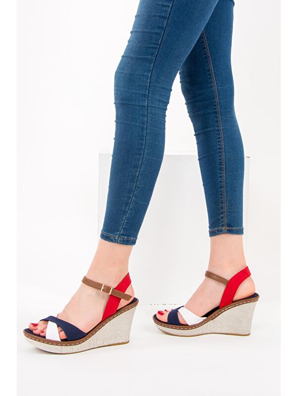 9674040205 Laci/Beyaz/Kırmızı Dolgu Taban Kadın Ayakkabı - Görsel 3