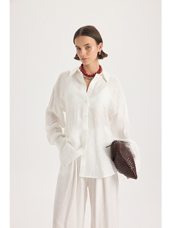 Mai Collection Yovena Düğme Detay Ekru Oversize Gömlek