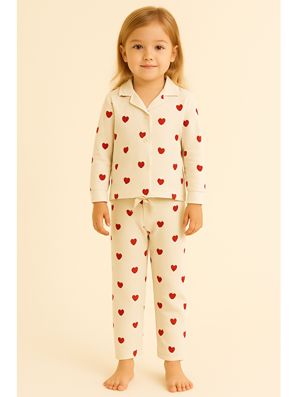 Katia And Bony Kız Çocuk Kalpli Pijama Takımı Ekru