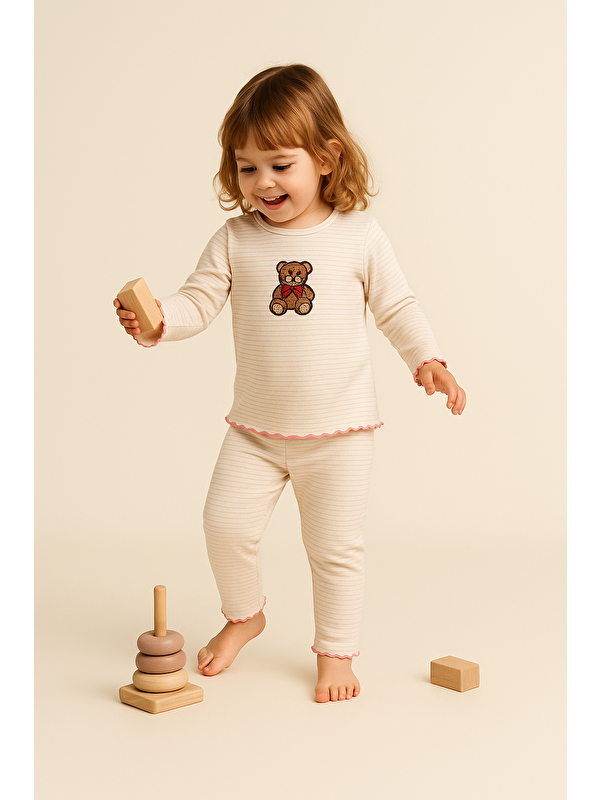 Katia And Bony Kız Çocuk Teddy Desenli Pijama Takımı Ekru