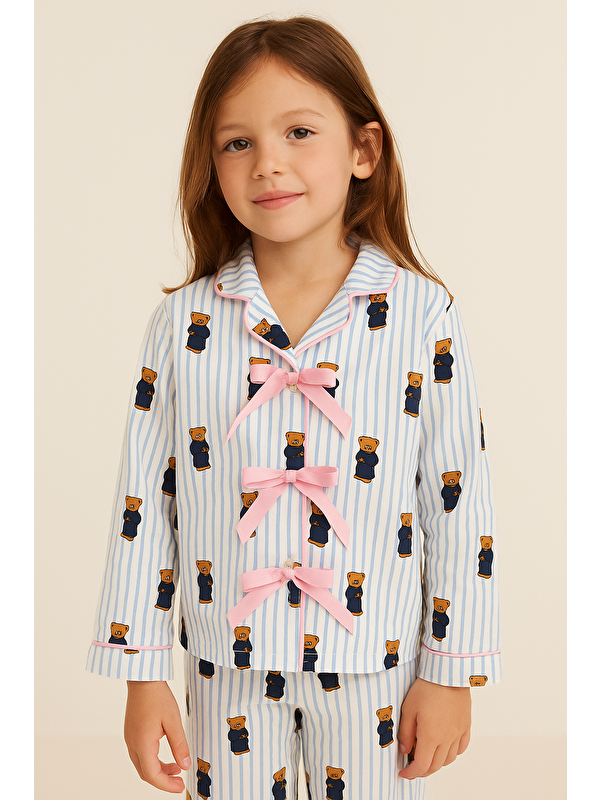 Katia And Bony Kız Çocuk Teddy Desenli Cepli Pijama Takımı Mavi