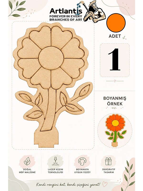 Artlantis Ahşap Boyama Çiçekler 1 Adet 10x15cm Boyama Figürü Etkinlik Çocuk Gelişim Motor Beceri