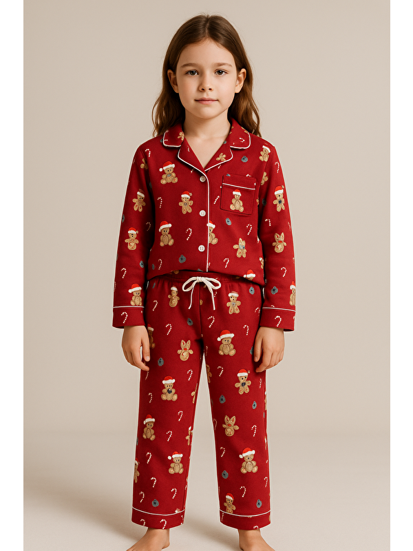 Katia And Bony Kız Çocuk Teddy Desenli Yılbaşı Temalı Pijama Takımı Kırmızı