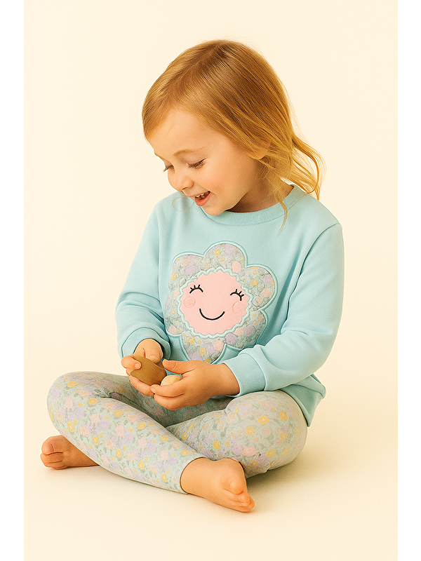 Katia And Bony Kız Çocuk Papatya Baskılı Pijama Takımı Turkuaz