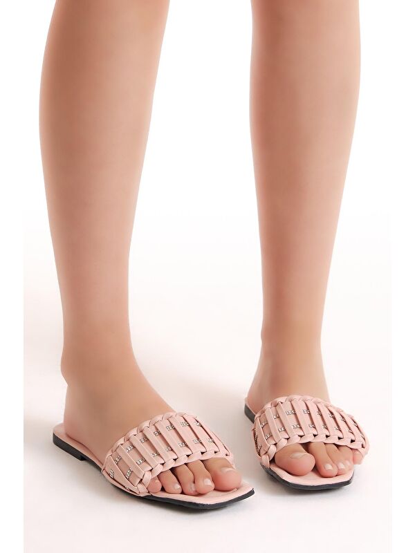 Kadın Pembe Önü Şeritli Desenli Tek Bantlı Terlik - Görsel 4