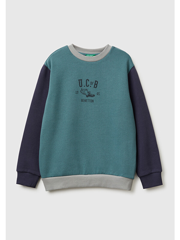 United Colors Of Benetton Erkek Çocuk Koyu Yeşil-Gri Önü Logo Baskılı Nervürlü Şardonlu Sweatshirt