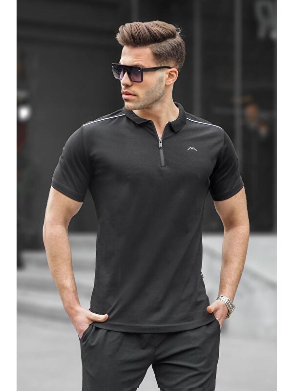 Madmext Erkek Siyah Basic Fermuarlı Polo Tişört 6076