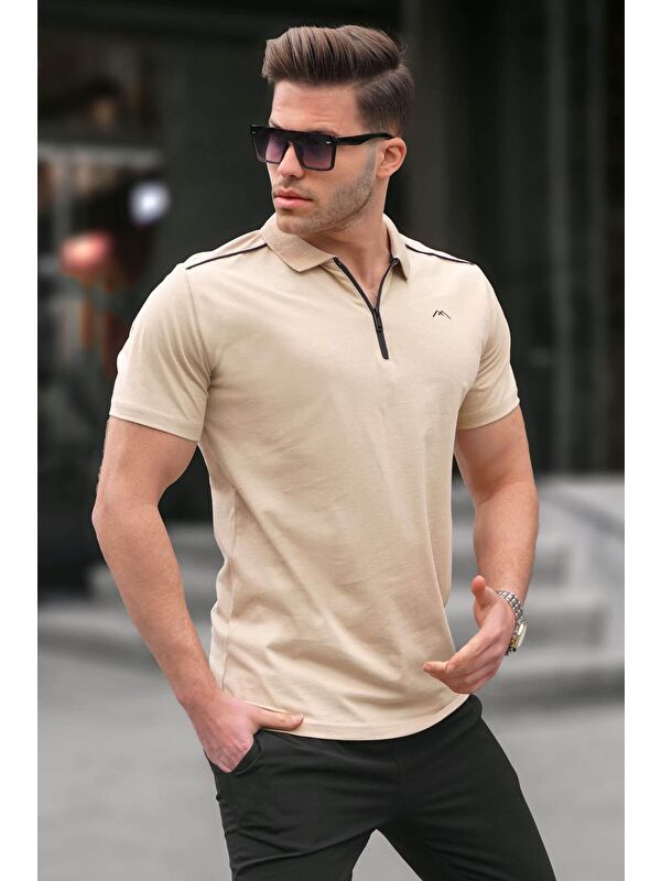 Madmext Erkek Bej Basic Fermuarlı Polo Tişört 6076