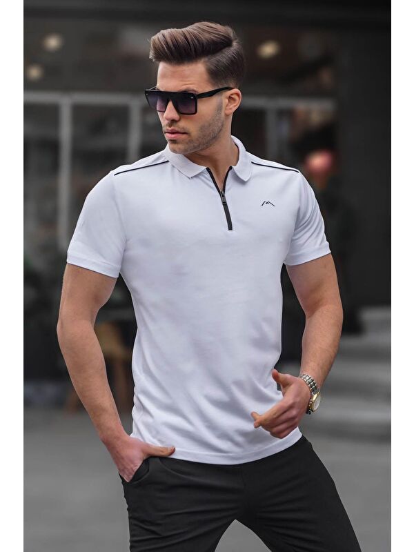 Madmext Erkek Beyaz Basic Fermuarlı Polo Tişört 6076