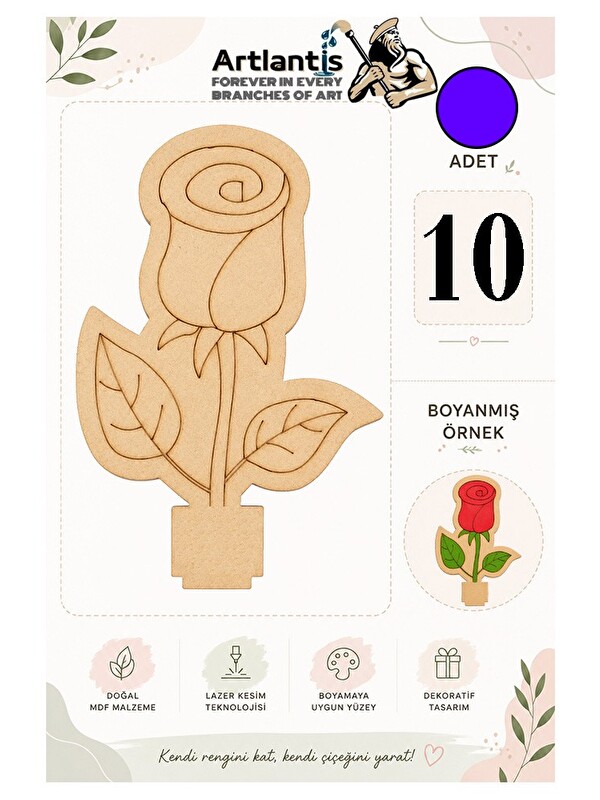 Artlantis Ahşap Boyama Çiçekler 10 Adet 10x15cm Boyama Figürü Etkinlik Çocuk Gelişim Motor Beceri