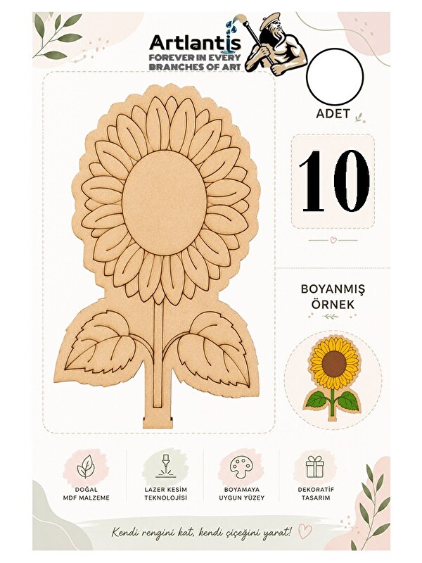 Artlantis Ahşap Boyama Çiçekler 10 Adet 10x15cm Boyama Figürü Etkinlik Çocuk Gelişim Motor Beceri