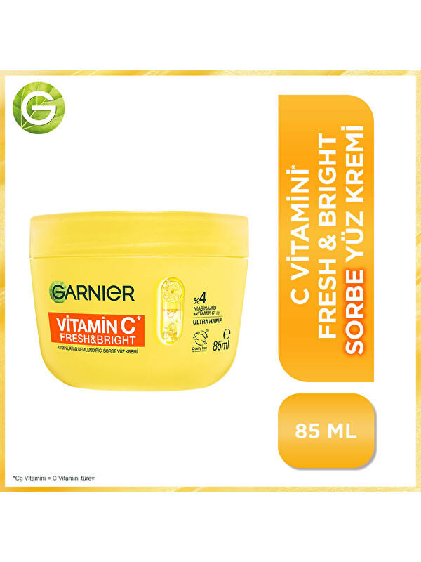 GARNIER C Vitamini Fresh & Bright Aydınlatıcı Nemlendirici Sorbe Yüz Kremi 85 ML, Vegan & Cruelty Fr