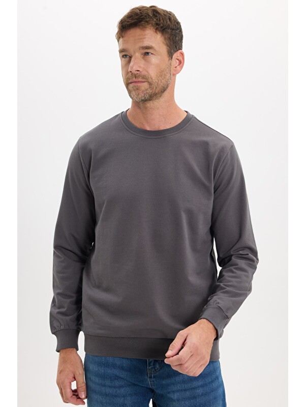 TUDORS Erkek Relax Fit Rahat Kesim %100 Pamuk 2 İplik Bisiklet Yaka Koyu Gri Sweatshirt