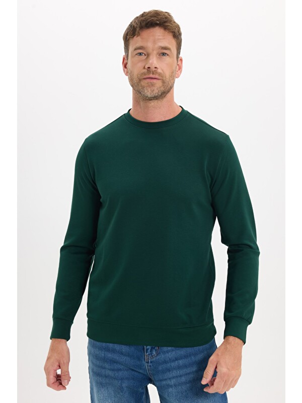 TUDORS Erkek Standart Fit Normal Kesim Uzun Kollu Ekstra Soft Modal Kumaş Bisiklet Yaka Yeşil Sweatshirt