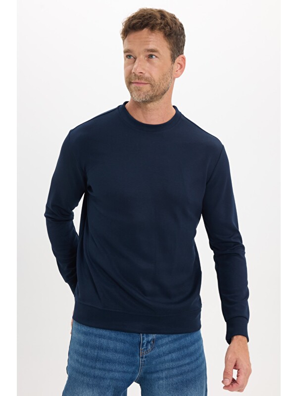 TUDORS Erkek Standart Fit Normal Kesim Uzun Kollu Ekstra Soft Modal Kumaş Bisiklet Yaka Lacivert Sweatshirt