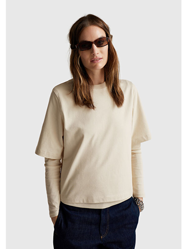 United Colors Of Benetton Kadın Bej 100 Pamuk Boxy Fit T Shirt