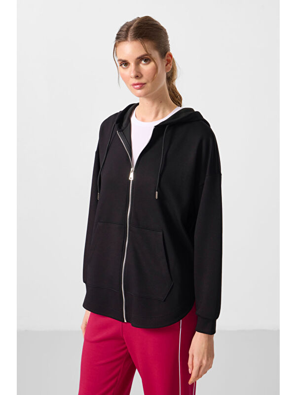 Tommylife Siyah Yumuşak Dokulu Kapüşonlu Oversize Kadın Tunik Sweatshirt   97302