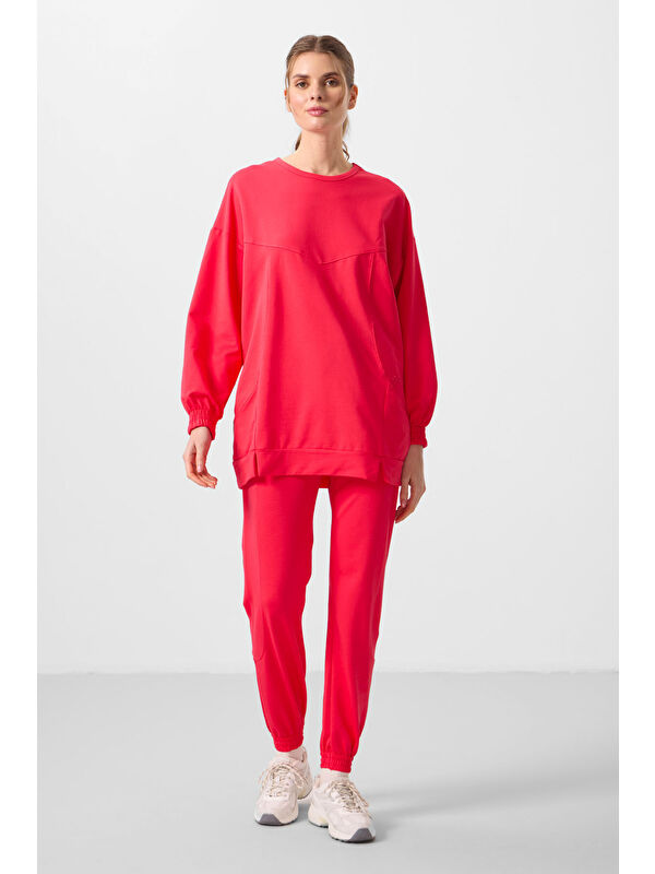 Tommylife Viva Kırmızı O Yaka Basic Oversize Kadın Eşofman Tunik Takım - 95347