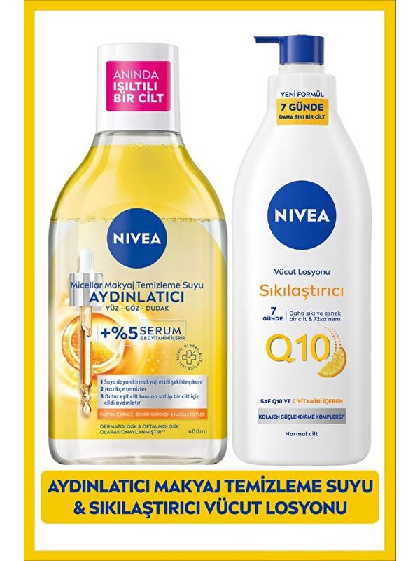 NIVEA Aydınlatıcı Micellar Makyaj Temizleme Suyu 400ml ve Q10 Sıkılaştırıcı Vücut Losyonu, Pamuk Hediyeli