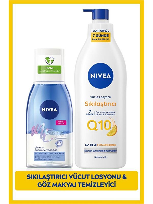 NIVEA Çift Fazlı Göz Makyaj Temizleme Suyu 125ml ve Q10 Sıkılaştırıcı Vücut Losyonu 400ml, Pamuk Hediye