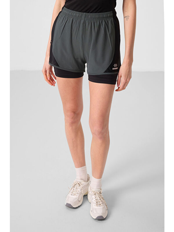 Tommylife Haki Polyester Gizli Cep Fermuarlı Standart Kalıp Kadın İçi Taytlı Şort - 91015
