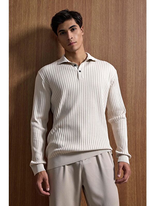 Abluka Online Erkek Slim Fit Polo Yaka Fitilli Örme Triko Kazak Taş Rengi