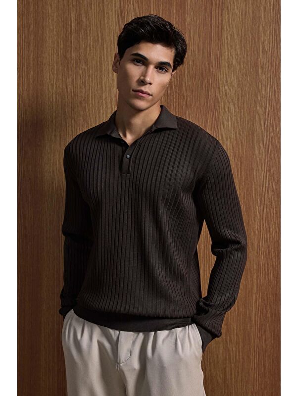Abluka Online Erkek Slim Fit Polo Yaka Fitilli Örme Triko Kazak Kahverengi