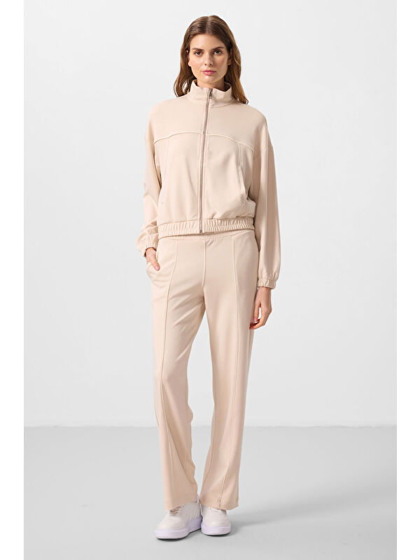 Tommylife Bej Yumuşak Dokulu Dik Yaka Oversize Lastikli Kadın Eşofman Takım - 95349