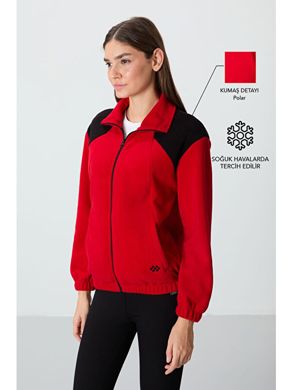 Tommylife Kırmızı Kalın Yumuşak Dokulu Dik Yaka Oversize Nakışlı Polar Kadın Sweatshirt - 97293