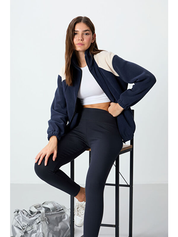 Tommylife Lacivert Kalın Yumuşak Dokulu Dik Yaka Oversize Nakışlı Polar Kadın Sweatshirt - 97293