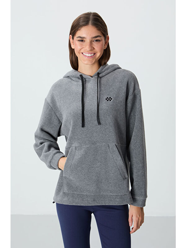 Tommylife Gri Melanj Kalın Yumuşak Dokulu Hoodie Oversize Nakışlı Polar Kadın 97292