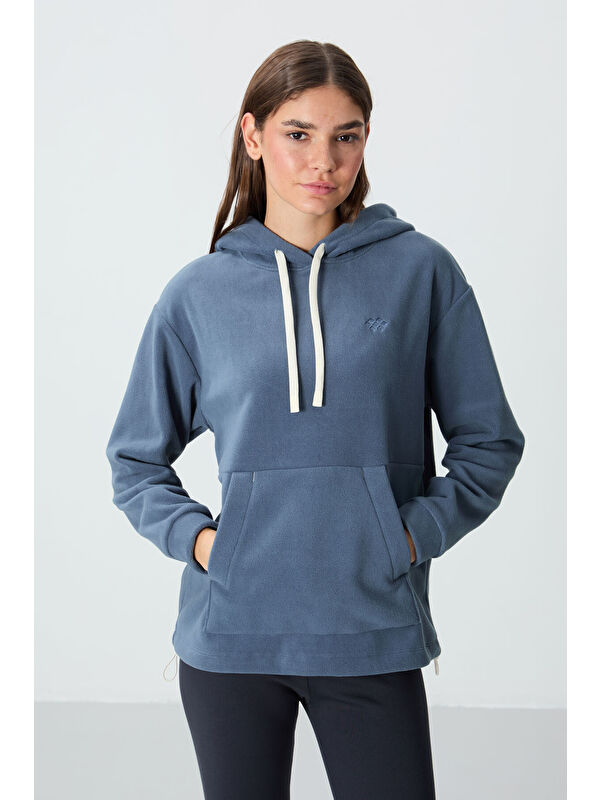 Tommylife Petrol Kalın Yumuşak Dokulu Hoodie Oversize Nakışlı Polar Kadın 97292