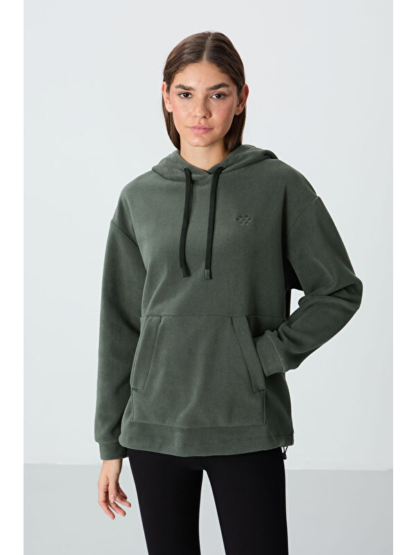 Tommylife Haki Kalın Yumuşak Dokulu Hoodie Oversize Nakışlı Polar Kadın 97292