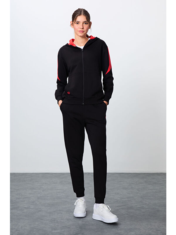 Tommylife Siyah Kompakt Pamuklu Kalın Pürüzsüz Dokulu Kapüşonlu Oversize Fit Kadın Eşofman Takım   95343