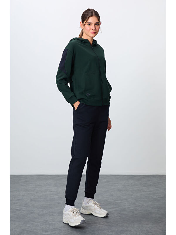 Tommylife Çam Yeşili Lacivert Kompakt Pamuklu Kalın Pürüzsüz Dokulu Kapüşonlu Oversize Fit Kadın Eşofman Takım