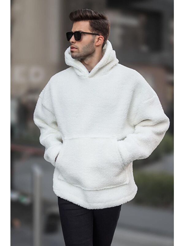 Madmext Beyaz Oversize Pelış  Erkek Kapüşonlu Sweatshirt Hoodie 6160