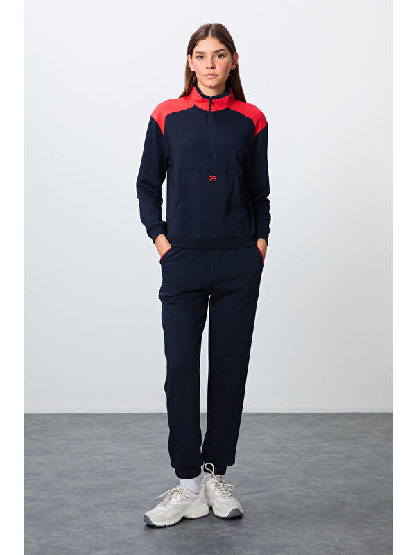 Tommylife İndigo Kompakt Pamuklu Kalın Pürüzsüz Dokulu Dik Yaka Oversize Fit Kadın Eşofman Takım - 95342