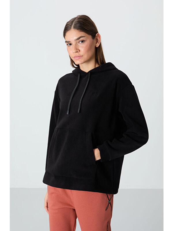 Tommylife Siyah Kalın Yumuşak Dokulu Hoodie Oversize Nakışlı Polar Kadın 97292