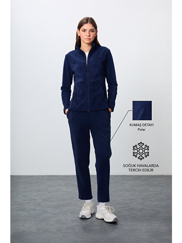 Tommylife Lacivert Kalın Yumuşak Dokulu Dik Yaka Oversize Nakışlı Polar Kadın Eşofman Takım -95339