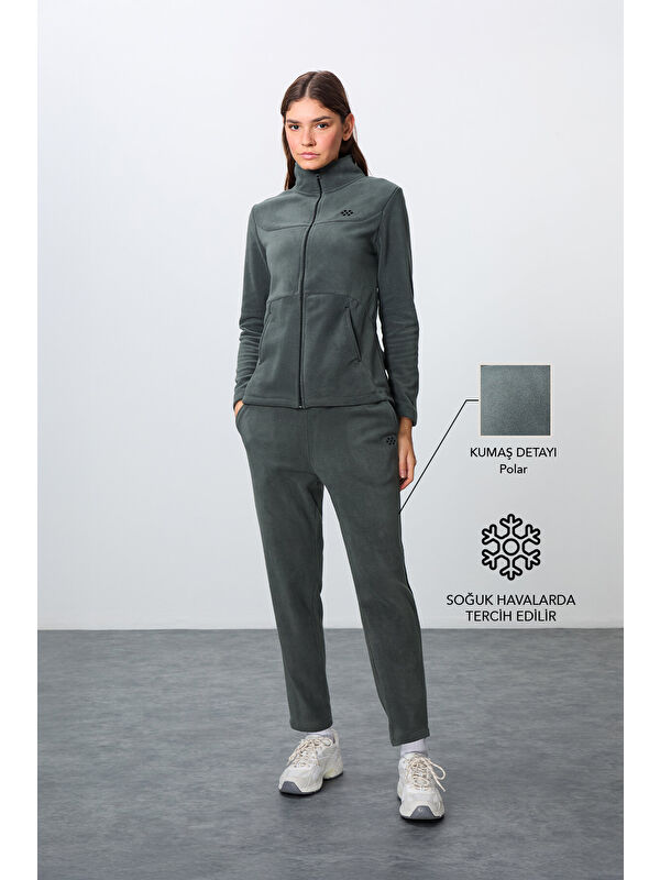 Tommylife Haki Kalın Yumuşak Dokulu Dik Yaka Oversize Nakışlı Polar Kadın Eşofman Takım -95339