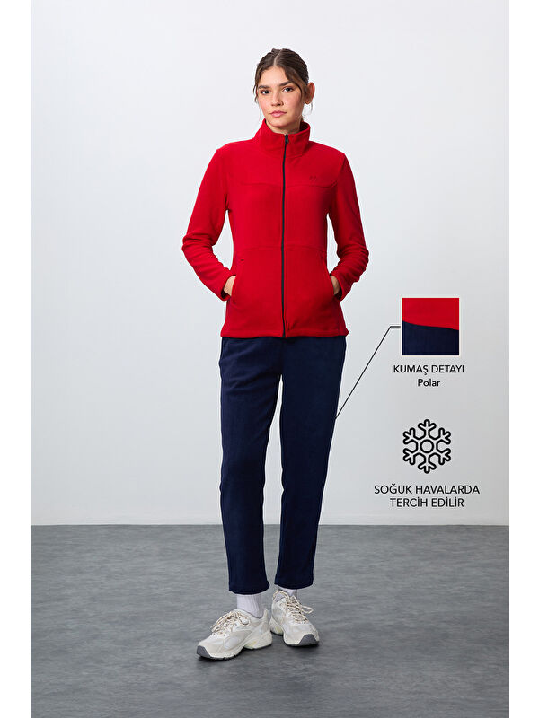 Tommylife Kırmızı-Lacivert Kalın Yumuşak Dokulu Dik Yaka Oversize Nakışlı Polar Kadın Eşofman Takım -95339