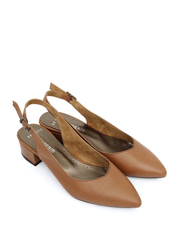 Gonderi(r) Bej Gonderi(r) Hakiki Deri Kadın Kalın Topuklu Arkası Açık Ayakkabı