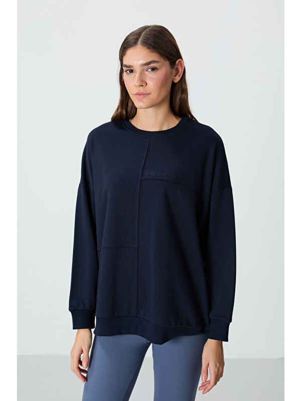 Tommylife İndigo Kompakt Pamuklu Kalın Pürüzsüz Dokulu O Yaka Oversize Fit Kadın Sweatshirt - 97288