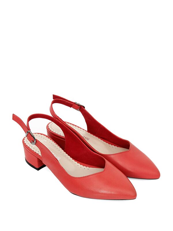 KIRMIZI Hakiki Deri Sivri Burun Kısa Kalın Topuklu Arkası Açık Kadın Yazlık Ayakkabı 24173 - Görsel 3